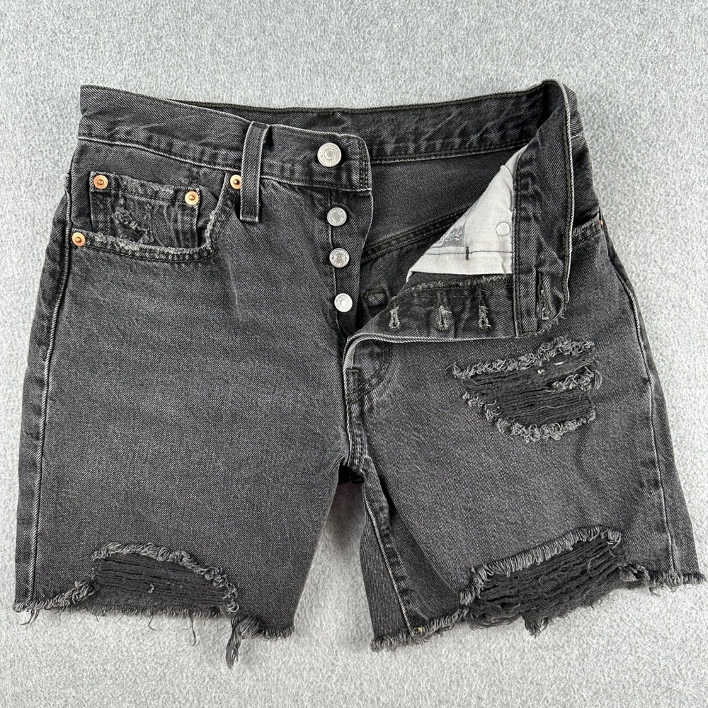 Levi's 501‎ Denim Shorts Women's 26 Black Rodeo Distressed Cut Off Button Fly